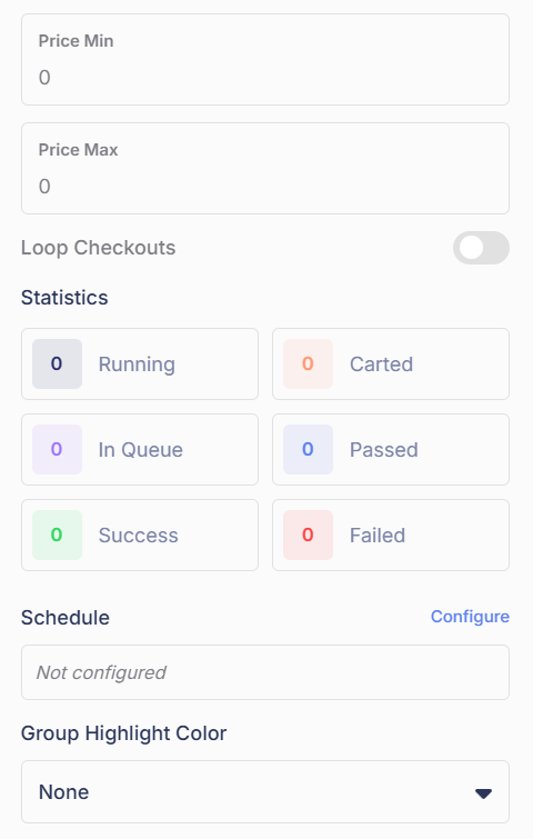 Task group settings, bottom half: Skip Monitoring, Third Party Vendors, Price Min/Max, Loop Checkouts