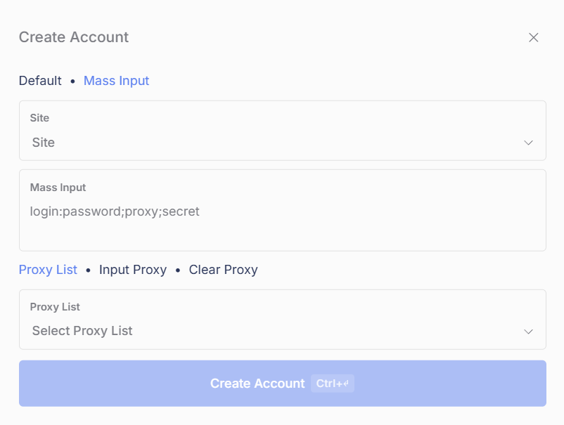 The Create Account window on the Mass Input tab