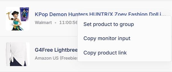 The right-click menu on a feed product