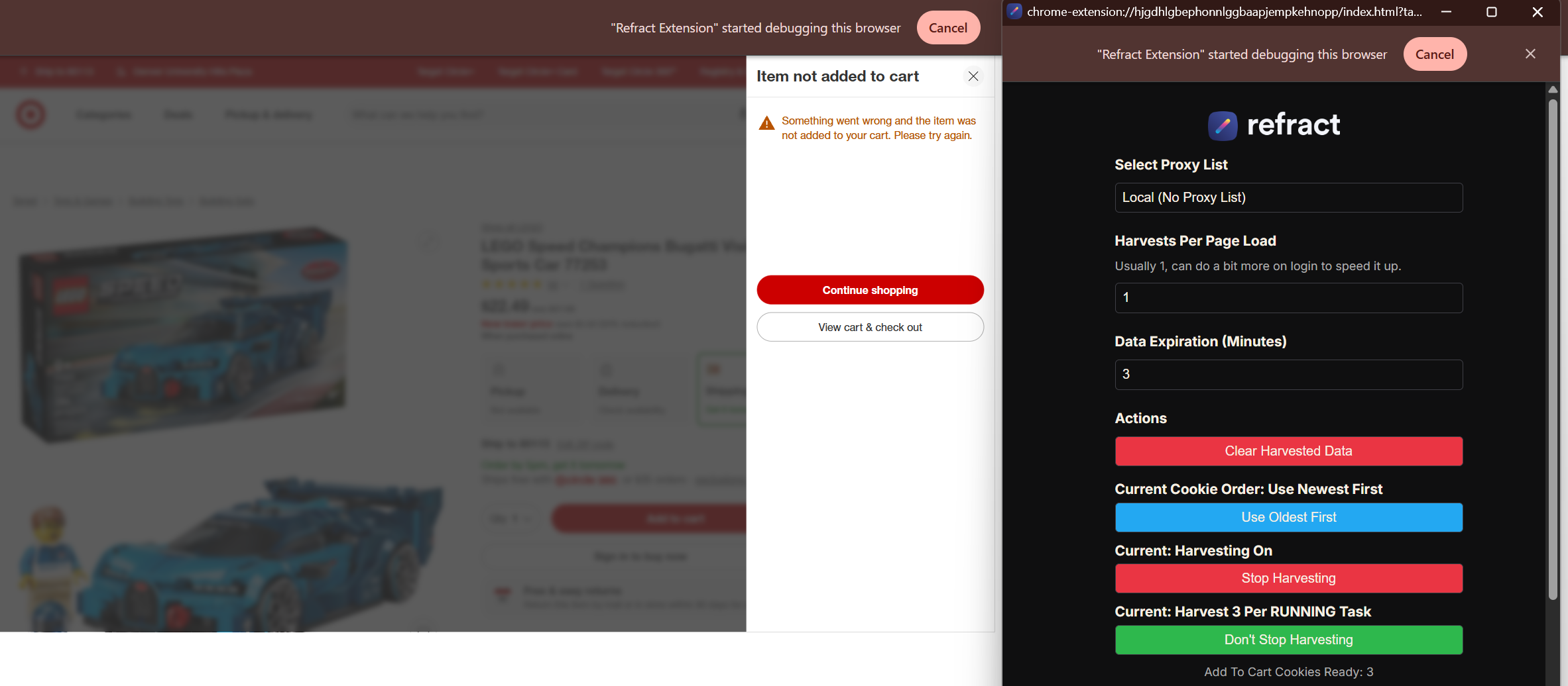 A product page showing Something Went Wrong while the harvester runs