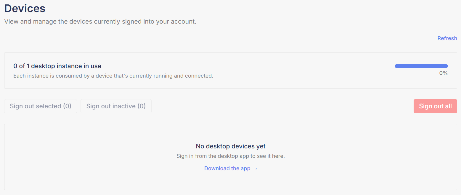 The Devices tab showing the instance usage bar, sign-out buttons, and device list