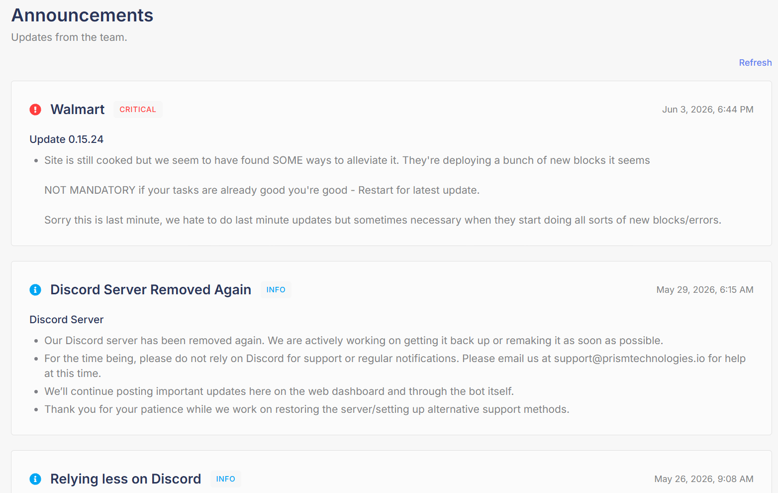 The Announcements tab showing a critical and an info announcement