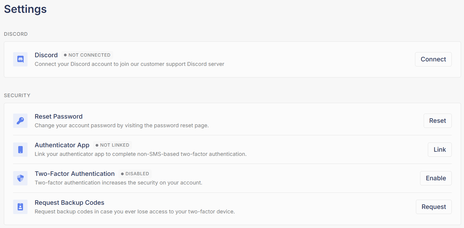 The Settings tab showing the Discord and Security sections