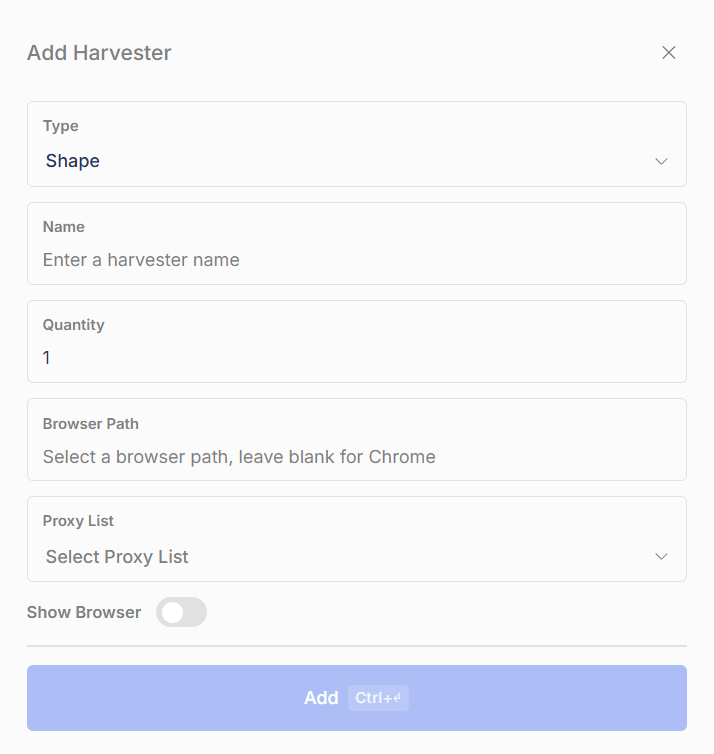 The Add Harvester window
