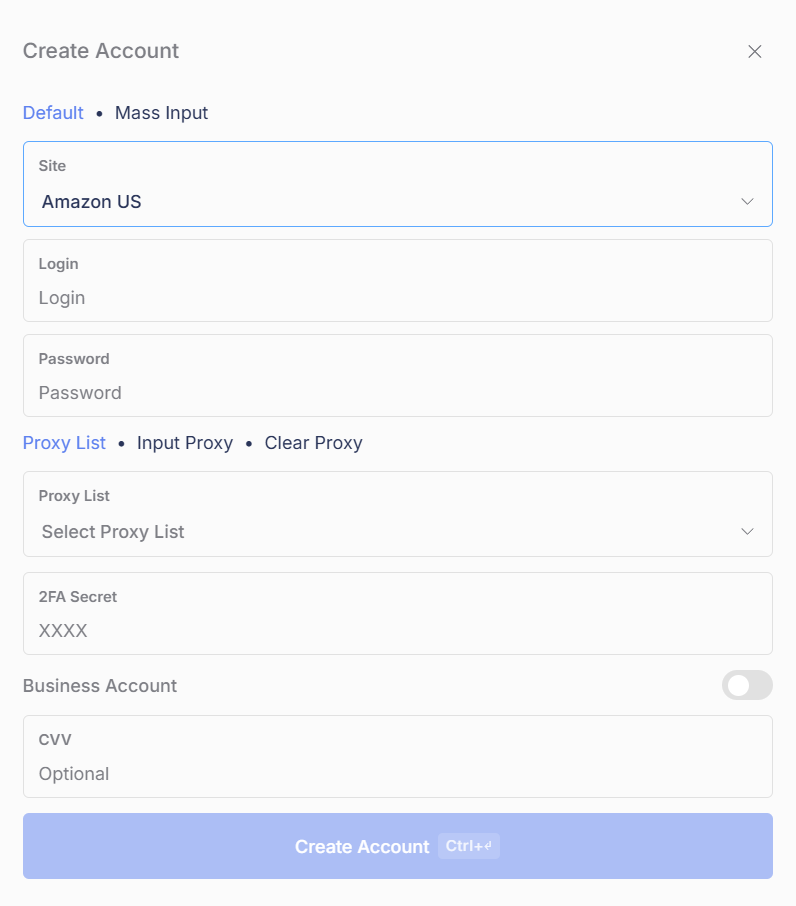 The Create Account window for Amazon US, with the optional CVV field at the bottom