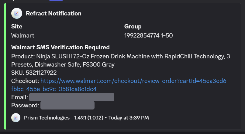 A Refract Notification webhook message with the product, SKU, checkout URL, and account login