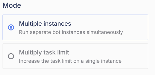 Mode selector showing Multiple instances and Multiply task limit