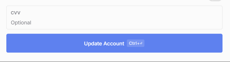 The CVV field on the Update Account window