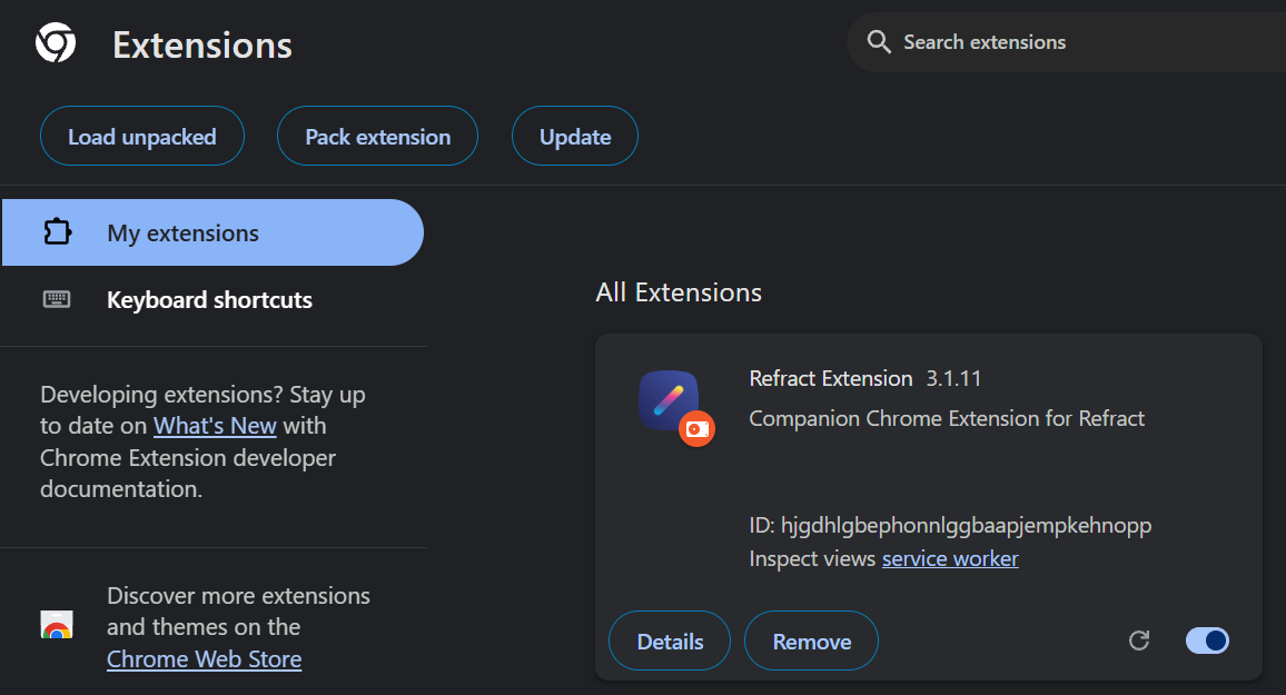 The Refract extension visible in the extensions hub