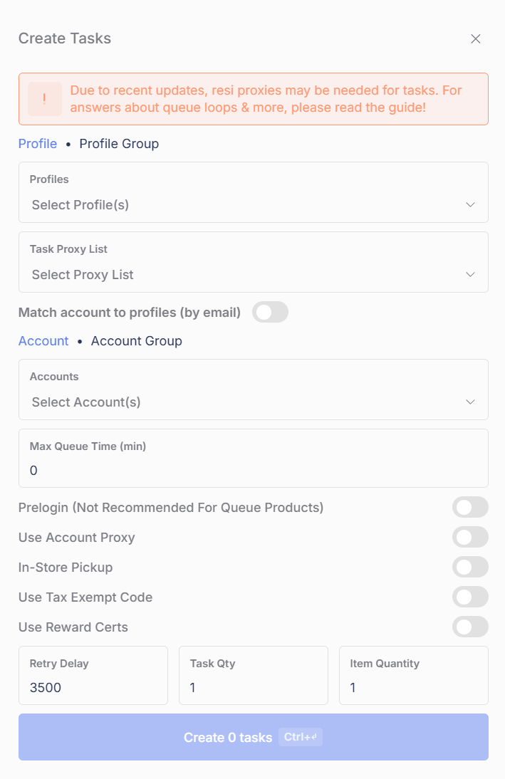 The Best Buy Create Tasks window
