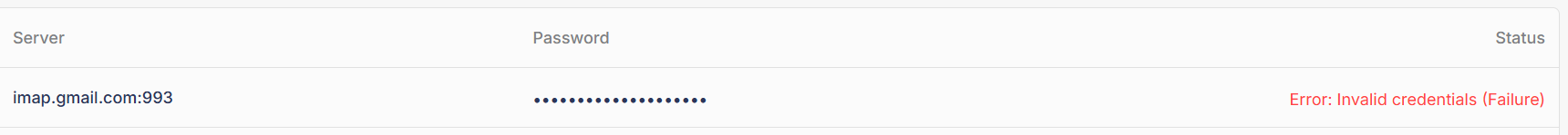 An IMAP login showing Error: Invalid credentials (Failure)