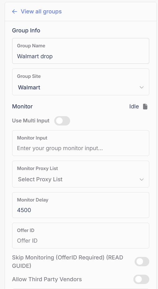 Task group settings, top half: Group Info and Monitor fields