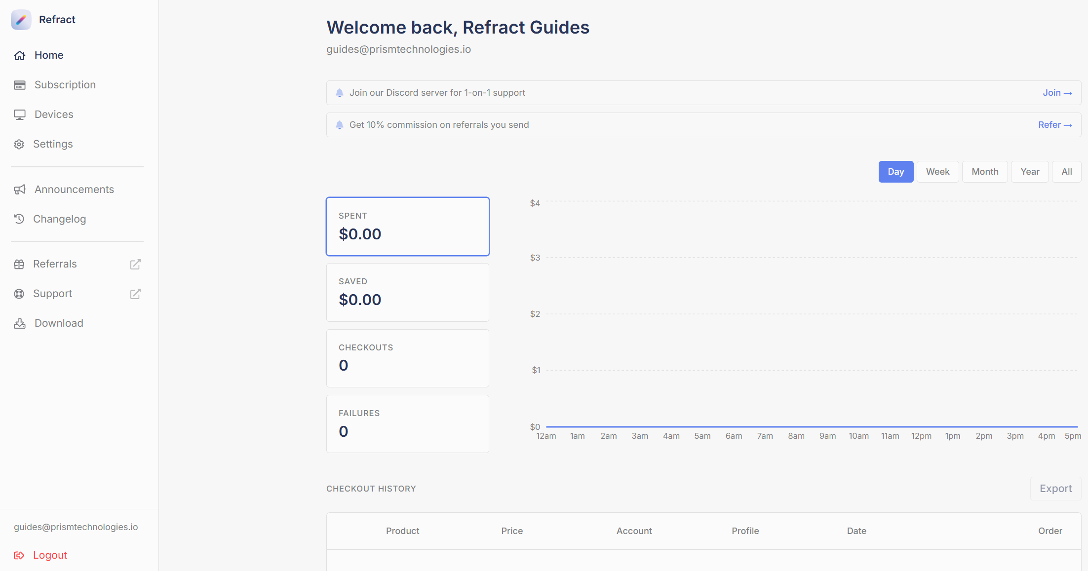 The Home tab of the Refract dashboard