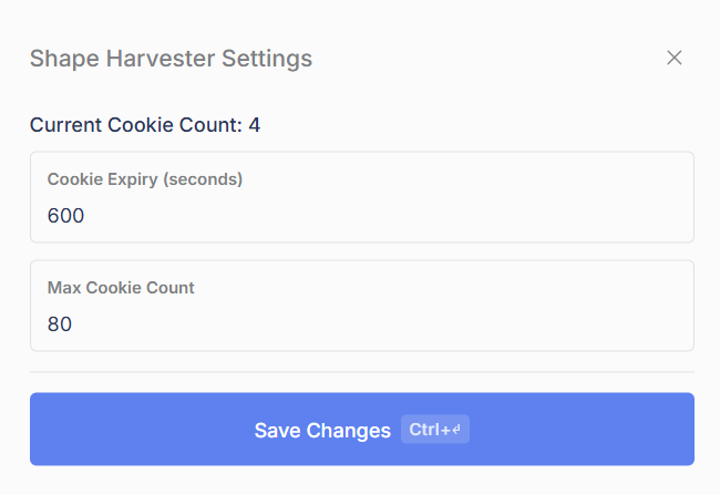 The Shape Harvester Settings window