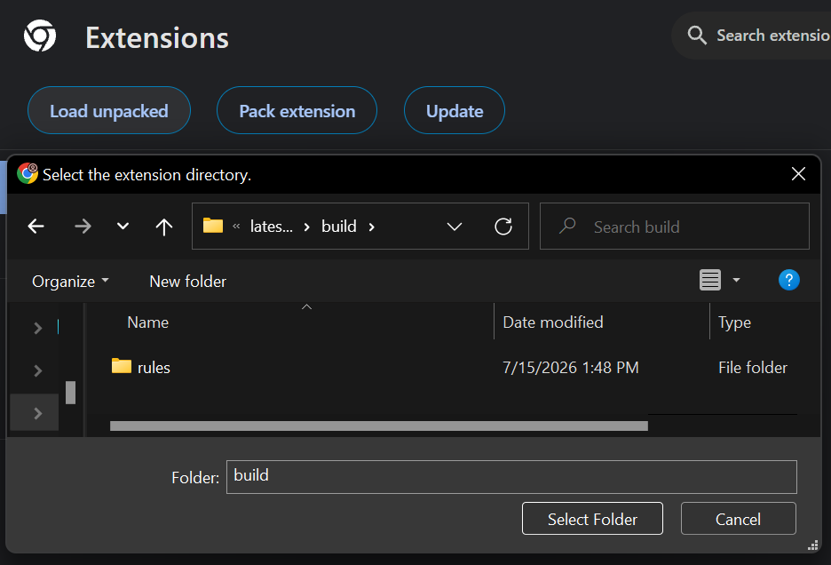 The Windows folder picker inside the build folder
