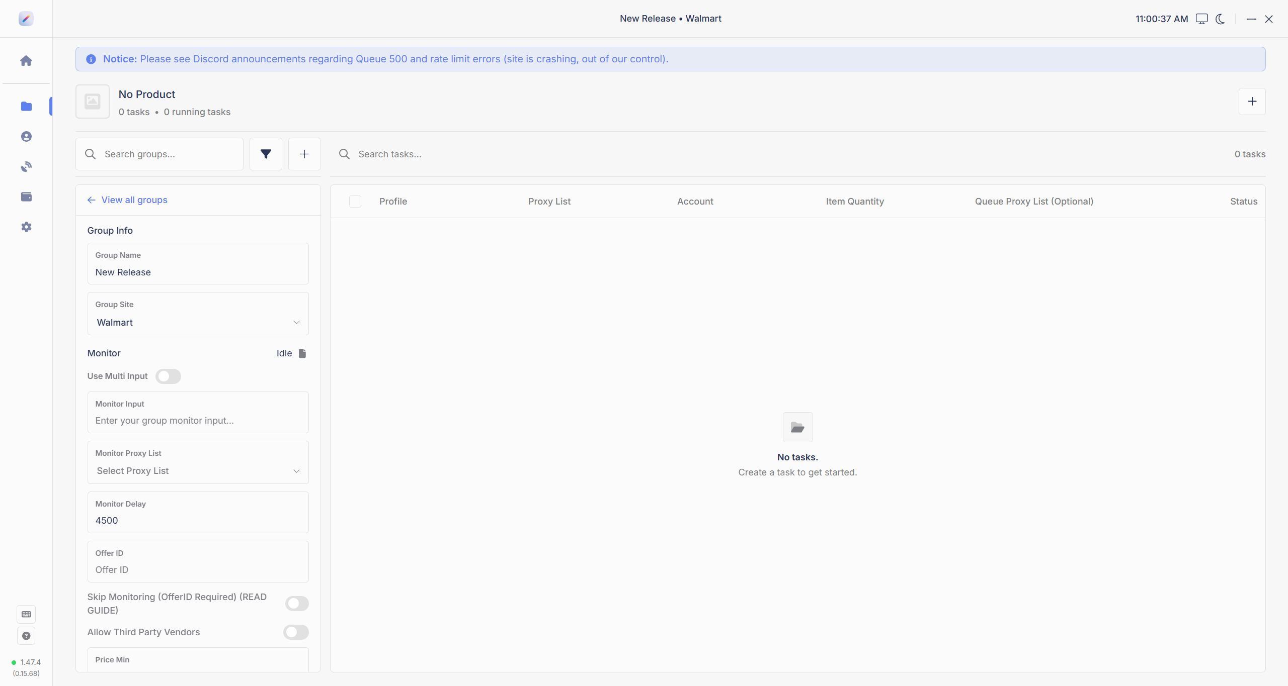 Inside a task group with the settings panel on the left and task list on the right