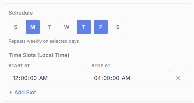 A schedule with a day selected and a start and stop time slot