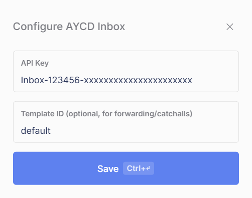 The Configure AYCD Inbox window