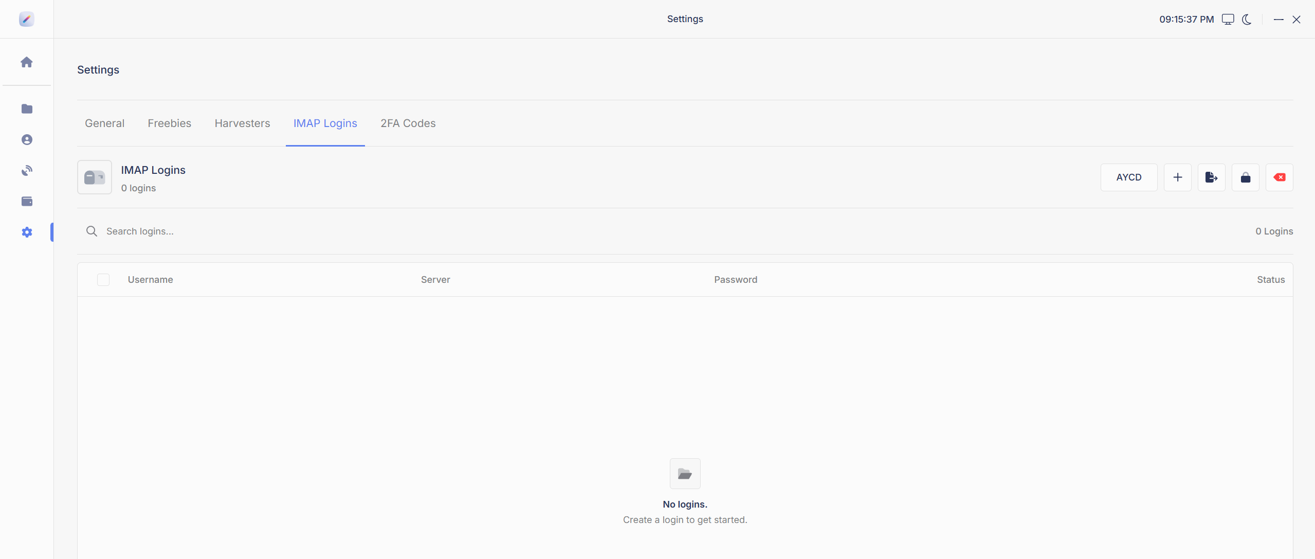 The IMAP Logins tab in bot Settings