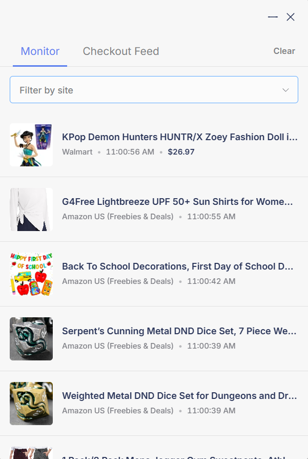 The in-bot monitor feed popup with Monitor and Checkout Feed tabs