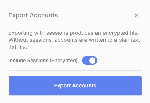 The Export Accounts window with the Include Sessions toggle