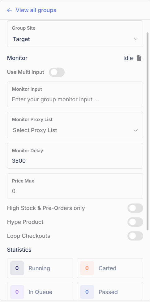 The Target task group settings panel
