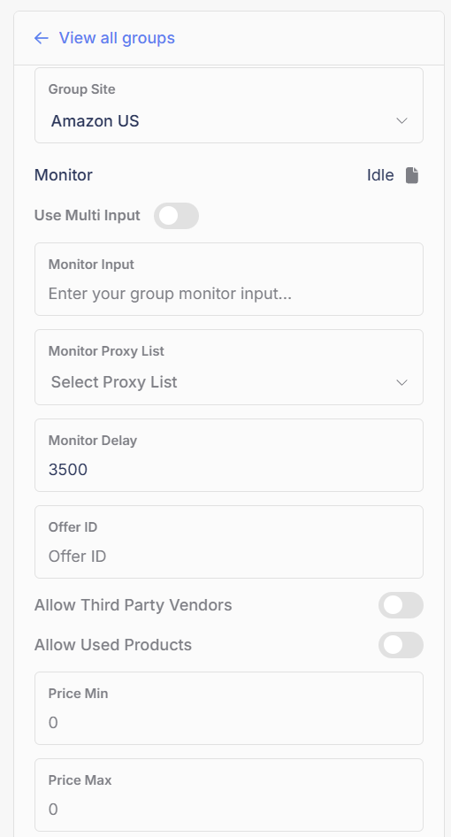 The Amazon US task group settings panel