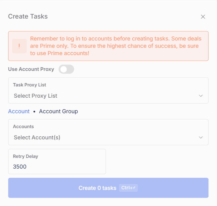 The Freebies and Deals Create Tasks window
