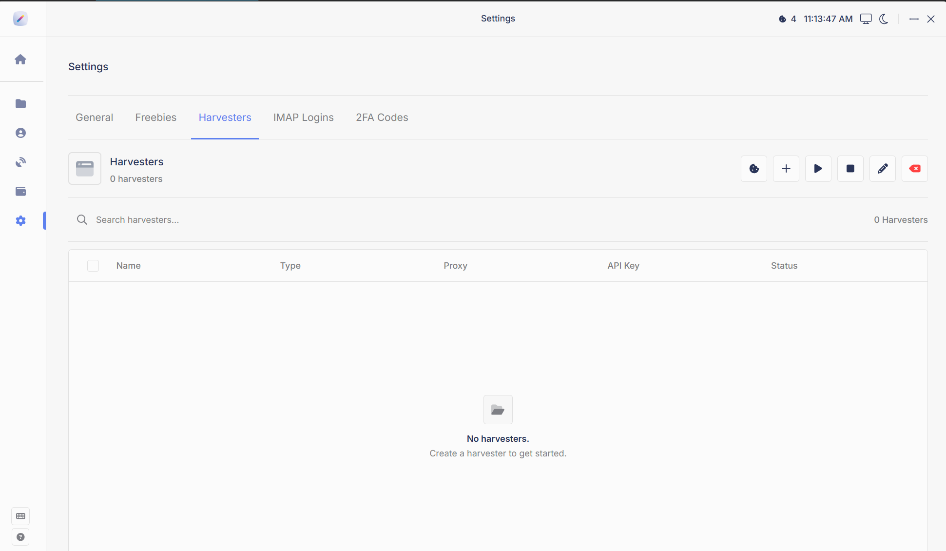 The Harvesters tab in bot Settings with the toolbar buttons
