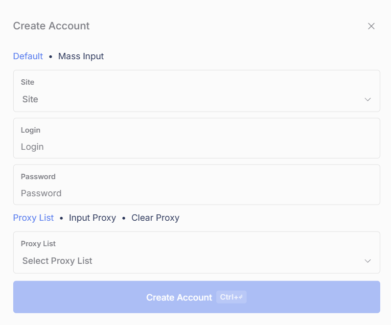 The Create Account window on the Default tab