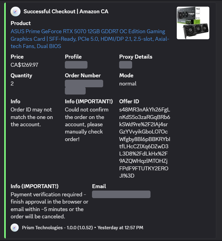 A Successful Checkout webhook for Amazon with Info and Info (IMPORTANT!) fields