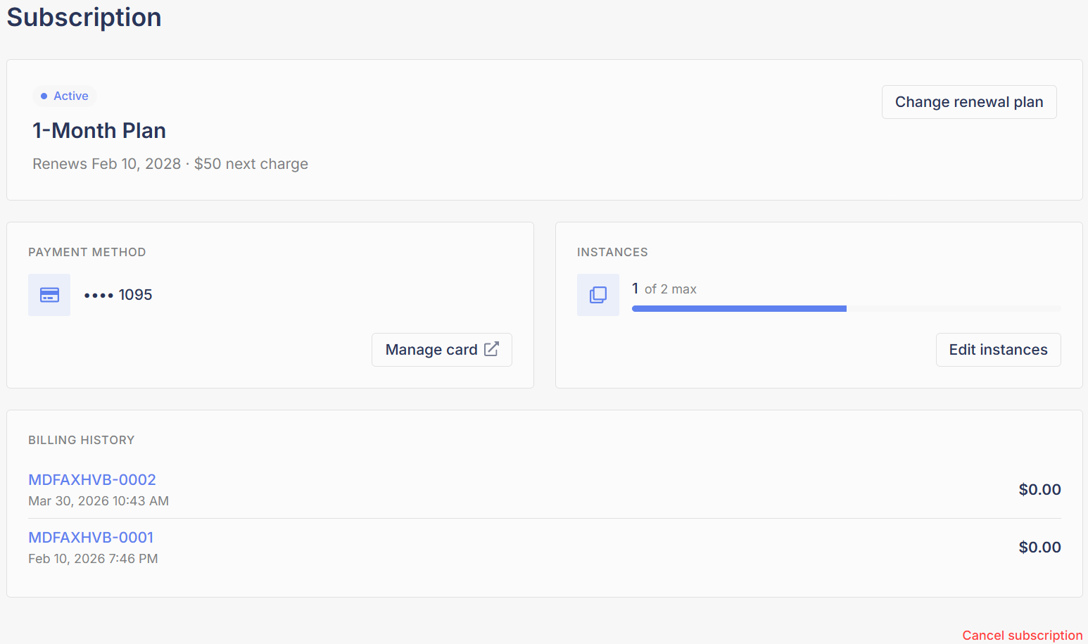 The Subscription tab of the Refract dashboard