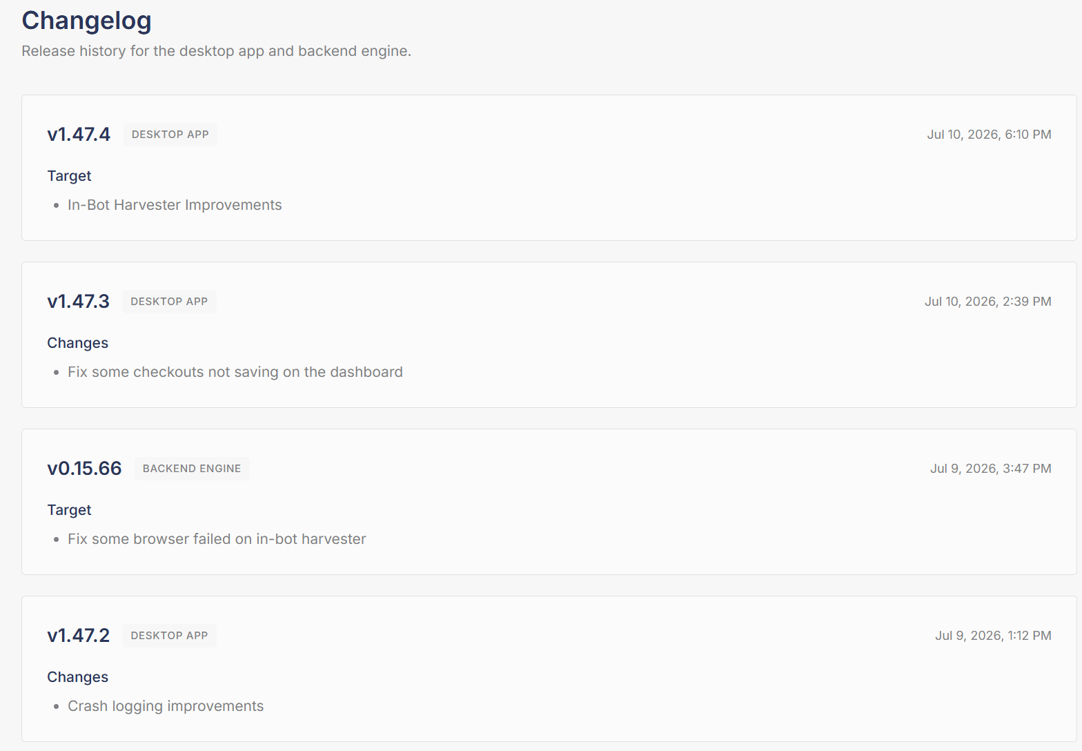 The Changelog tab showing desktop app and backend engine releases