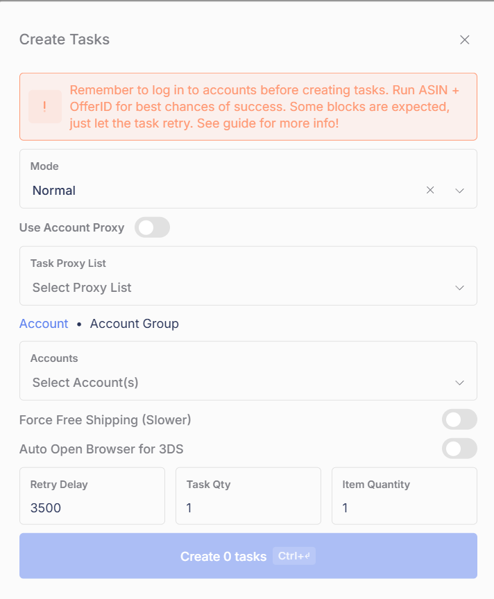 The Amazon Create Tasks window, including Auto Open Browser for 3DS