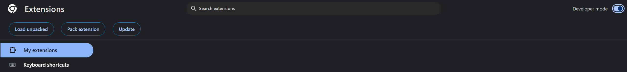 chrome://extensions with Developer mode on and Load unpacked visible
