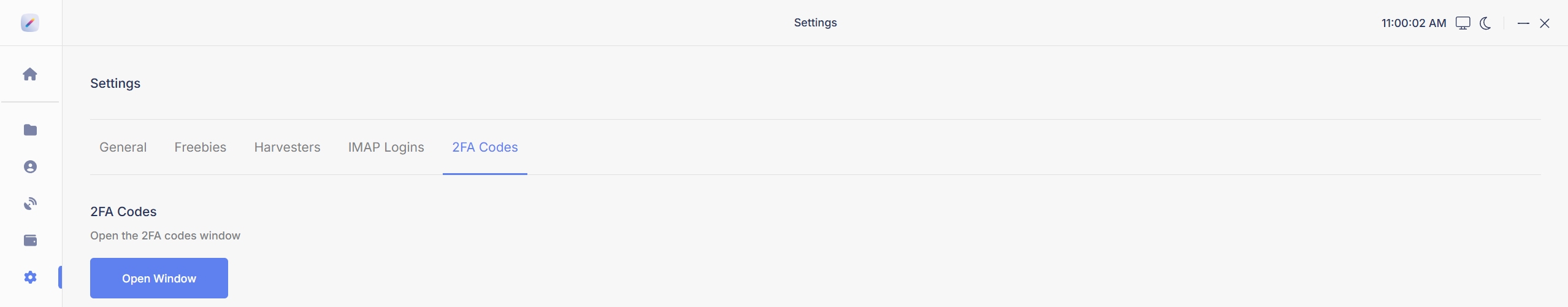 The 2FA Codes tab with the Open Window button