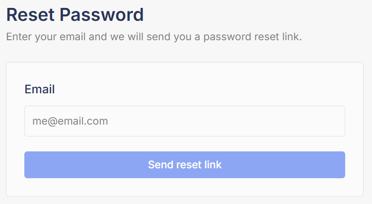 The Reset Password page with an email field and Send reset link button