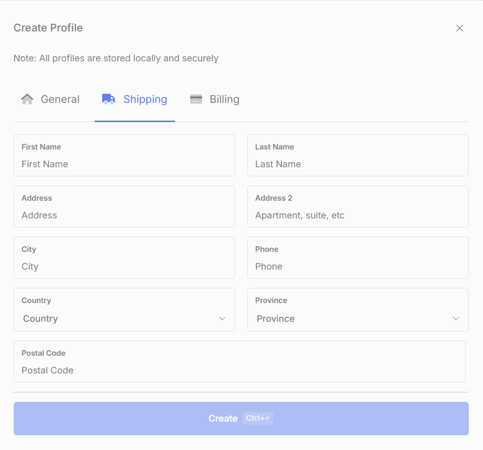 Create Profile on the Shipping tab
