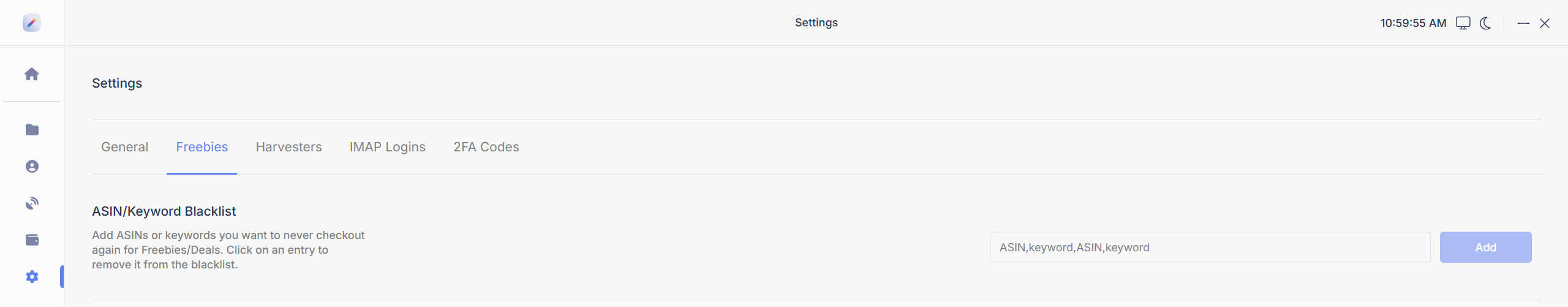 The Freebies tab with the ASIN/Keyword Blacklist