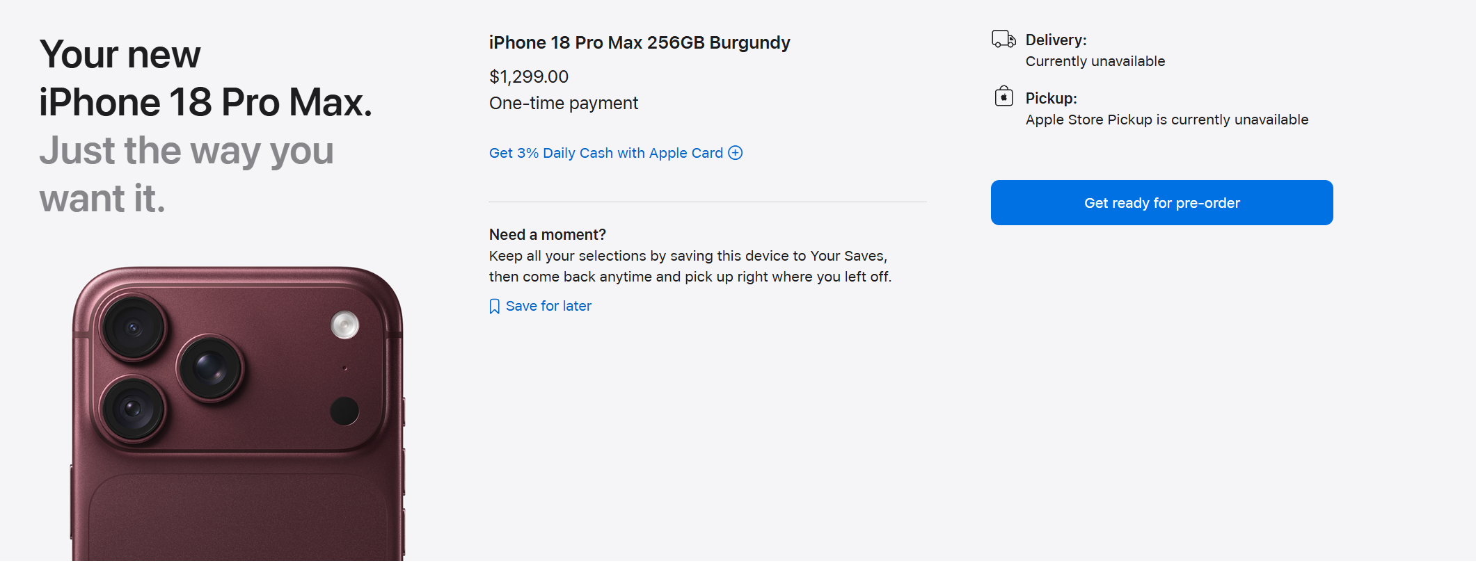 The iPhone 18 Pro Max spec page on apple.com, fully configured