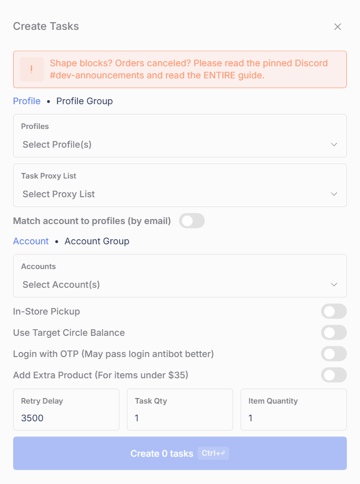 The Target Create Tasks window